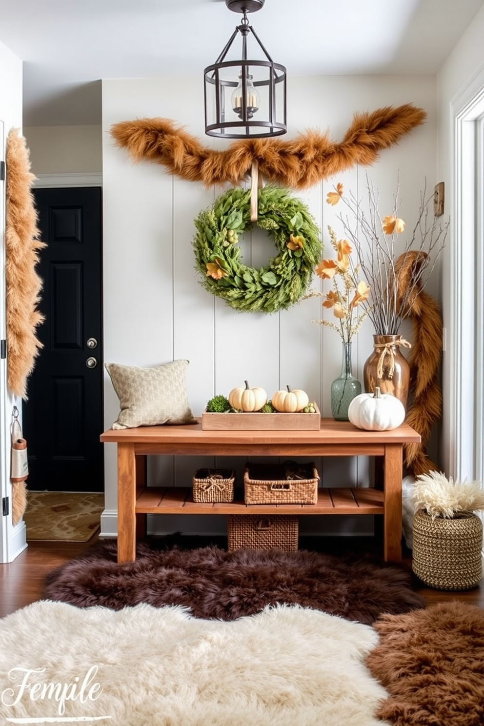 A cozy entryway adorned with faux fur rugs that add warmth and texture. The space features a rustic wooden bench and a decorative console table topped with autumn-themed decor for Thanksgiving.