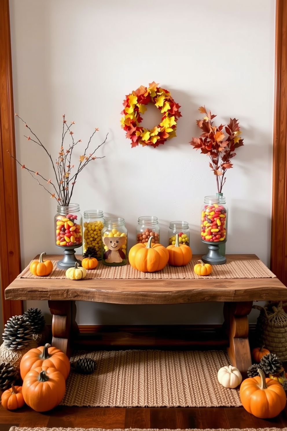 A warm and inviting entryway decorated for Thanksgiving features a rustic wooden table adorned with glass jars filled with colorful candies. Surrounding the table are autumn-themed decorations, including small pumpkins, pinecones, and a cozy woven runner that adds texture to the space.