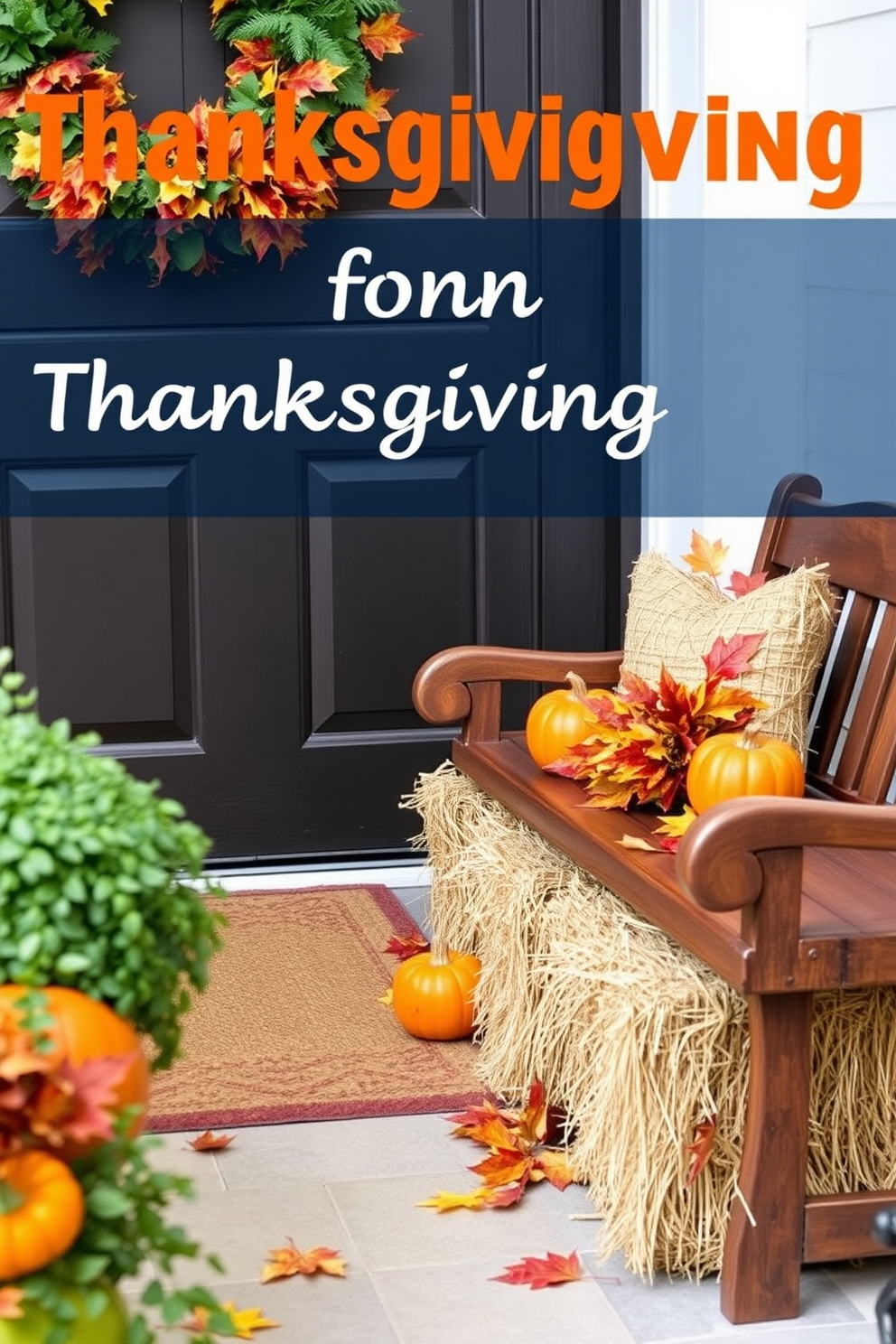 A charming entryway adorned with mini hay bales creates a warm and inviting atmosphere for Thanksgiving. The hay bales are arranged alongside a wooden bench, accented by seasonal pumpkins and vibrant fall leaves.