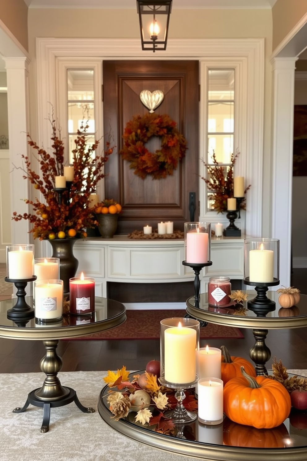 A welcoming entryway adorned with seasonal scented candles placed on elegant tables. The candles are in various autumnal hues, complementing the warm tones of the decor, while decorative elements like pumpkins and fall leaves enhance the festive atmosphere.