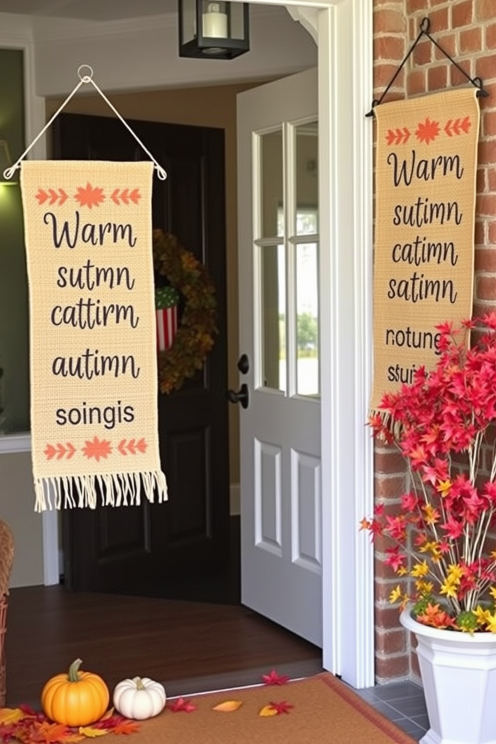 Burlap banners displaying warm autumn sayings hang gracefully in the entryway. The banners are complemented by rustic decor elements like small pumpkins and vibrant fall leaves scattered around the entrance.