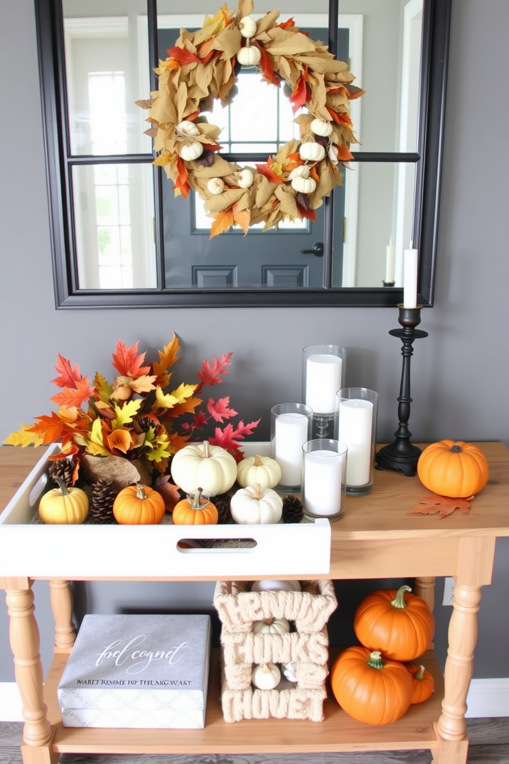 A welcoming entryway featuring a wooden console table adorned with decorative trays filled with seasonal decor for Thanksgiving. The trays showcase miniature pumpkins, vibrant autumn leaves, and scented candles, creating a warm and inviting atmosphere.