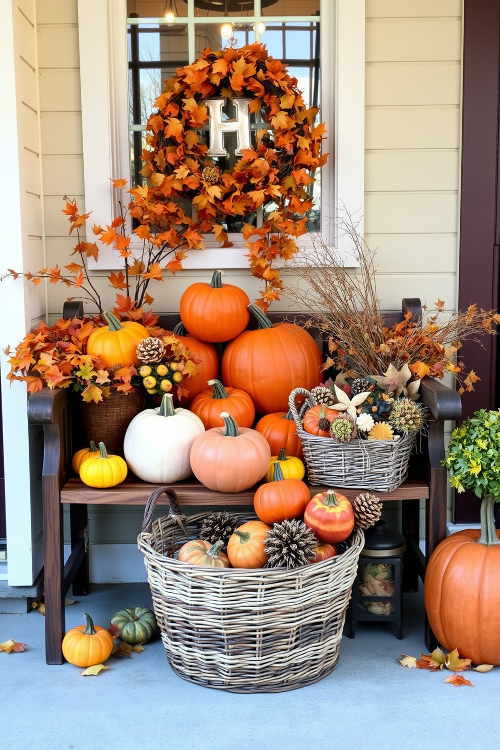 A warm and inviting entryway adorned with colorful pumpkins in varying sizes. The pumpkins are arranged on a rustic wooden bench, complemented by autumn leaves and a woven basket filled with seasonal decorations.