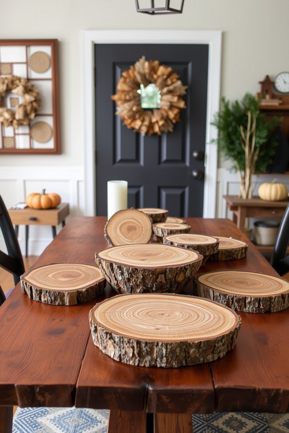 A warm and inviting entryway features a rustic wooden table adorned with several wood slices as table centerpieces. Each slice is uniquely shaped and varies in size, displaying natural textures and earthy tones that complement the autumnal decor.