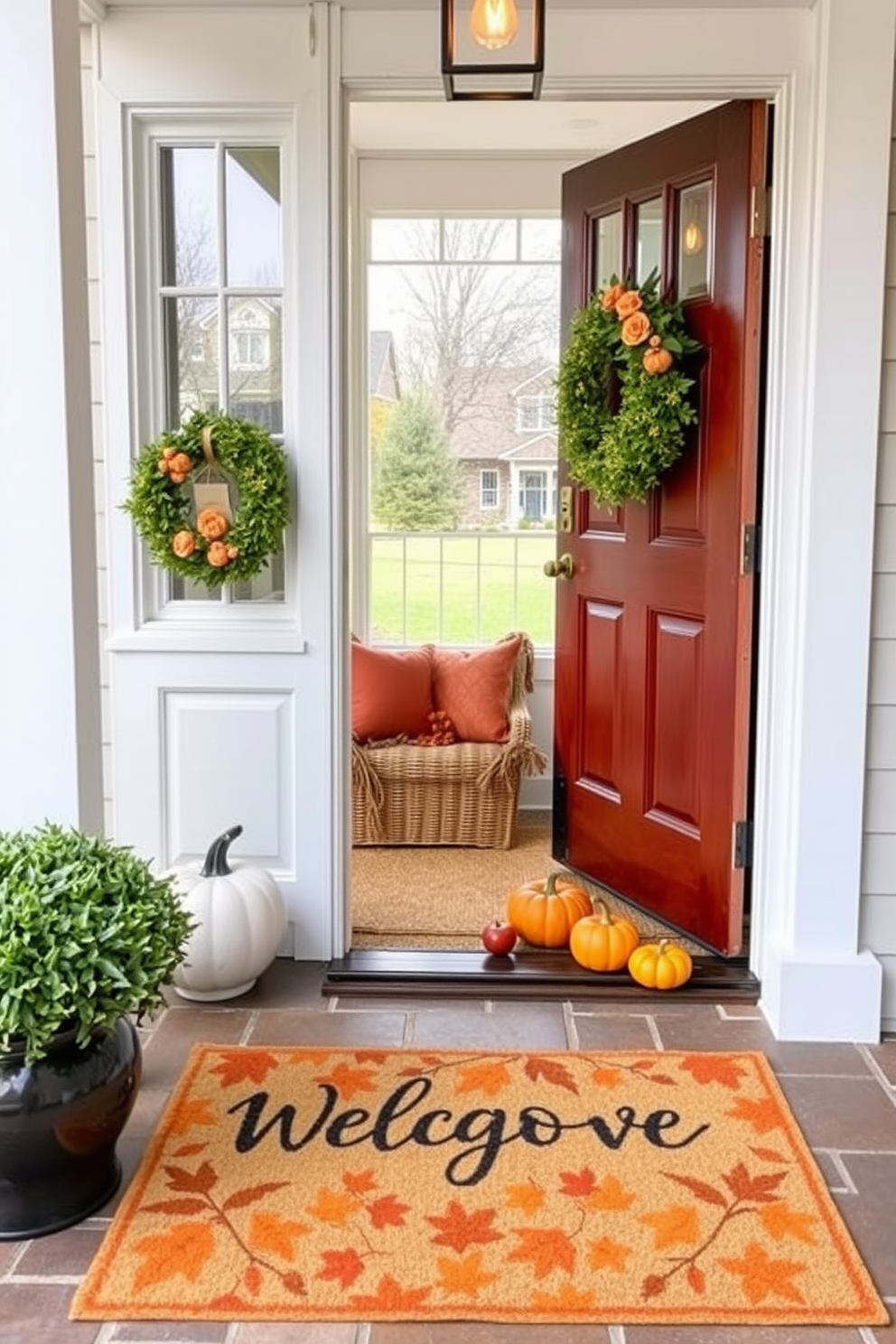 A cozy entryway featuring a fall-themed welcome mat that greets guests with seasonal charm. The mat is adorned with autumn leaves and pumpkins, setting a warm tone for the Thanksgiving season.