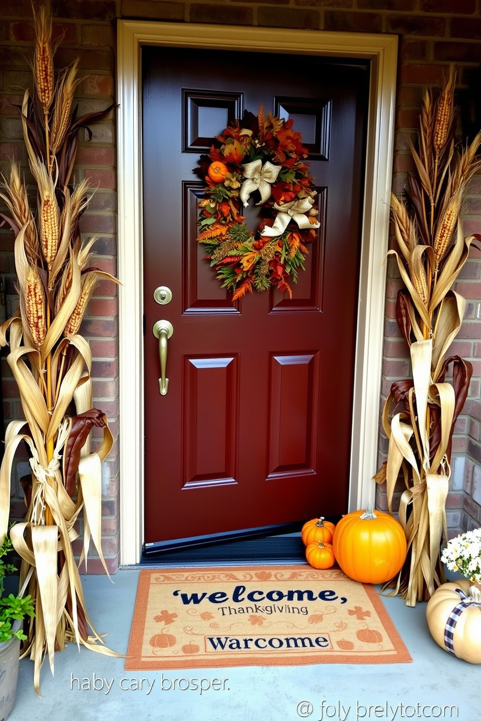 A warm and inviting entryway adorned for Thanksgiving. Dried corn stalks stand tall and proud, flanking the door, creating a rustic and festive atmosphere. A welcoming doormat sits beneath the door, featuring autumn-themed designs. A small pumpkin display is arranged on one side, adding a touch of seasonal charm.