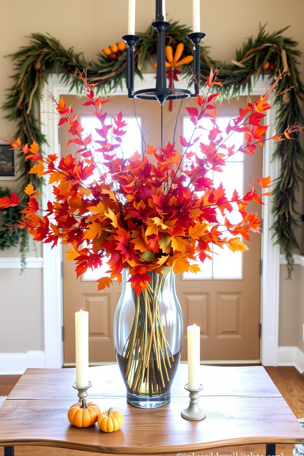 A warm and inviting entryway adorned with vibrant fall foliage in a large glass vase. The vase is placed on a rustic wooden console table, accented by small pumpkins and candles to create a festive Thanksgiving atmosphere.