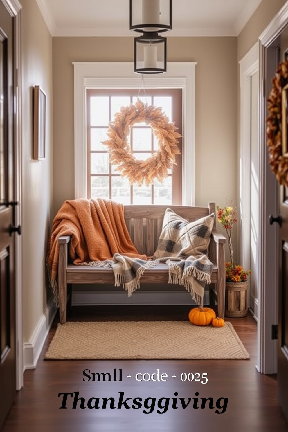 Cozy throw blankets are artfully draped over a rustic wooden bench positioned in a warmly lit entryway. The space is adorned with autumn-themed decor, including small pumpkins and seasonal foliage, creating a welcoming atmosphere for Thanksgiving.