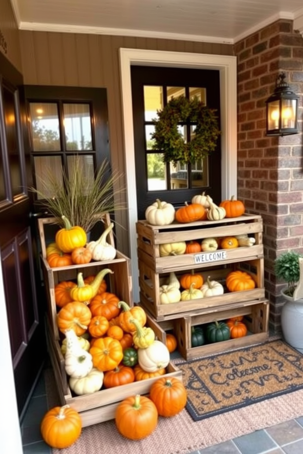 A warm and inviting entryway adorned with wooden crates filled with an assortment of colorful gourds. The crates are arranged artfully near the front door, complemented by a rustic welcome mat and soft golden lighting.