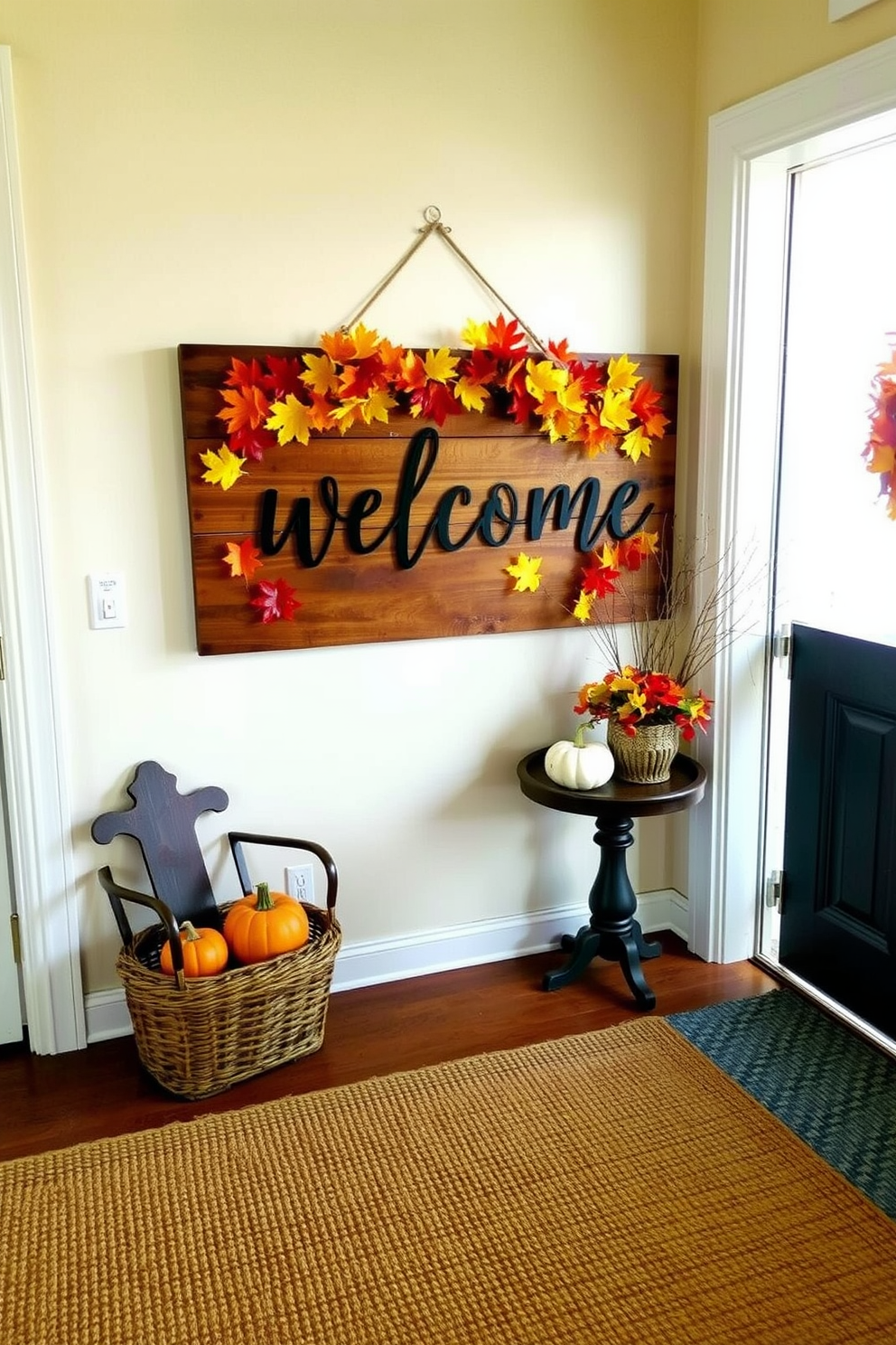 A warm and inviting entryway features a rustic wooden welcome sign adorned with vibrant autumn leaves in shades of orange, yellow, and red. The floor is covered with a cozy woven rug, and a small table displays seasonal decorations like pumpkins and gourds.