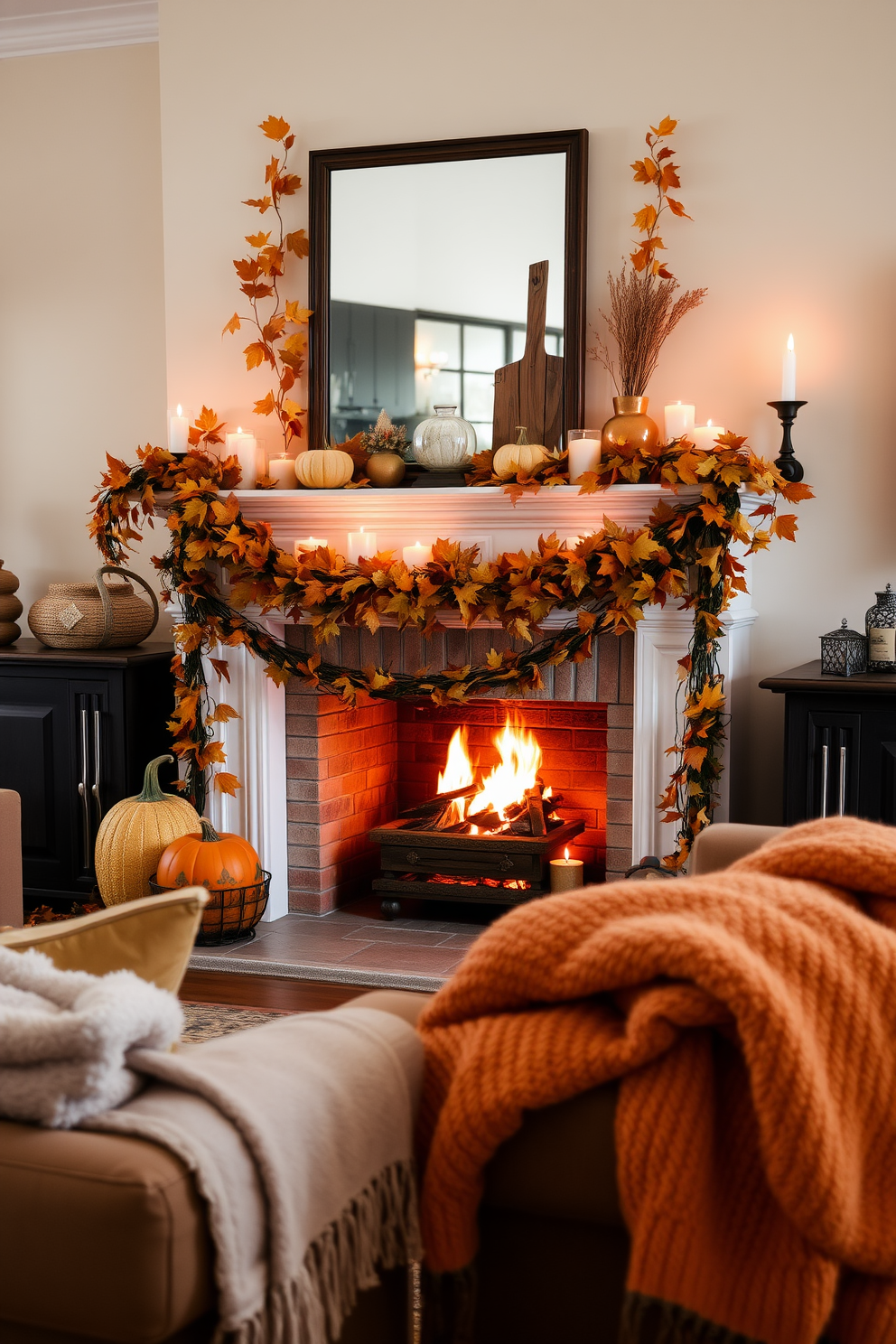 A cozy living room adorned with an arrangement of autumn leaves and pumpkins. The fireplace is elegantly decorated with garlands of fall foliage and flickering candles, creating a warm and inviting atmosphere. The mantelpiece features a collection of rustic wooden accents and seasonal decor. Plush throw blankets in warm hues are draped over the furniture, enhancing the festive ambiance.