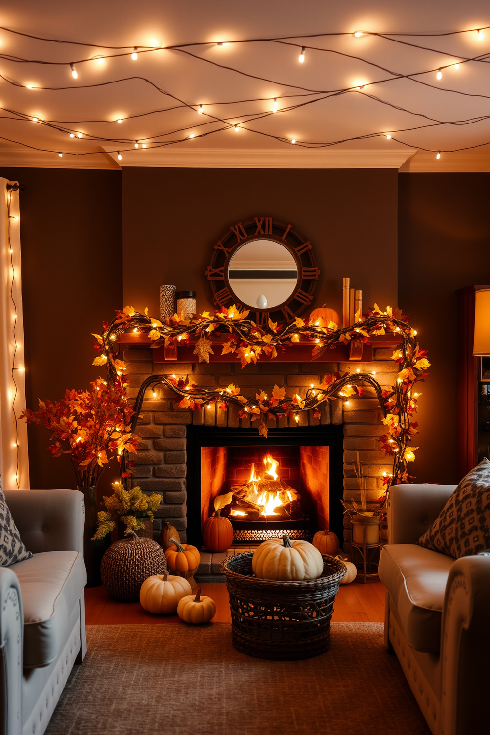 A warm and inviting living room setting adorned with string lights that create a cozy glow. The fireplace is decorated with autumn-themed accents, including pumpkins and garlands of leaves, enhancing the festive atmosphere.