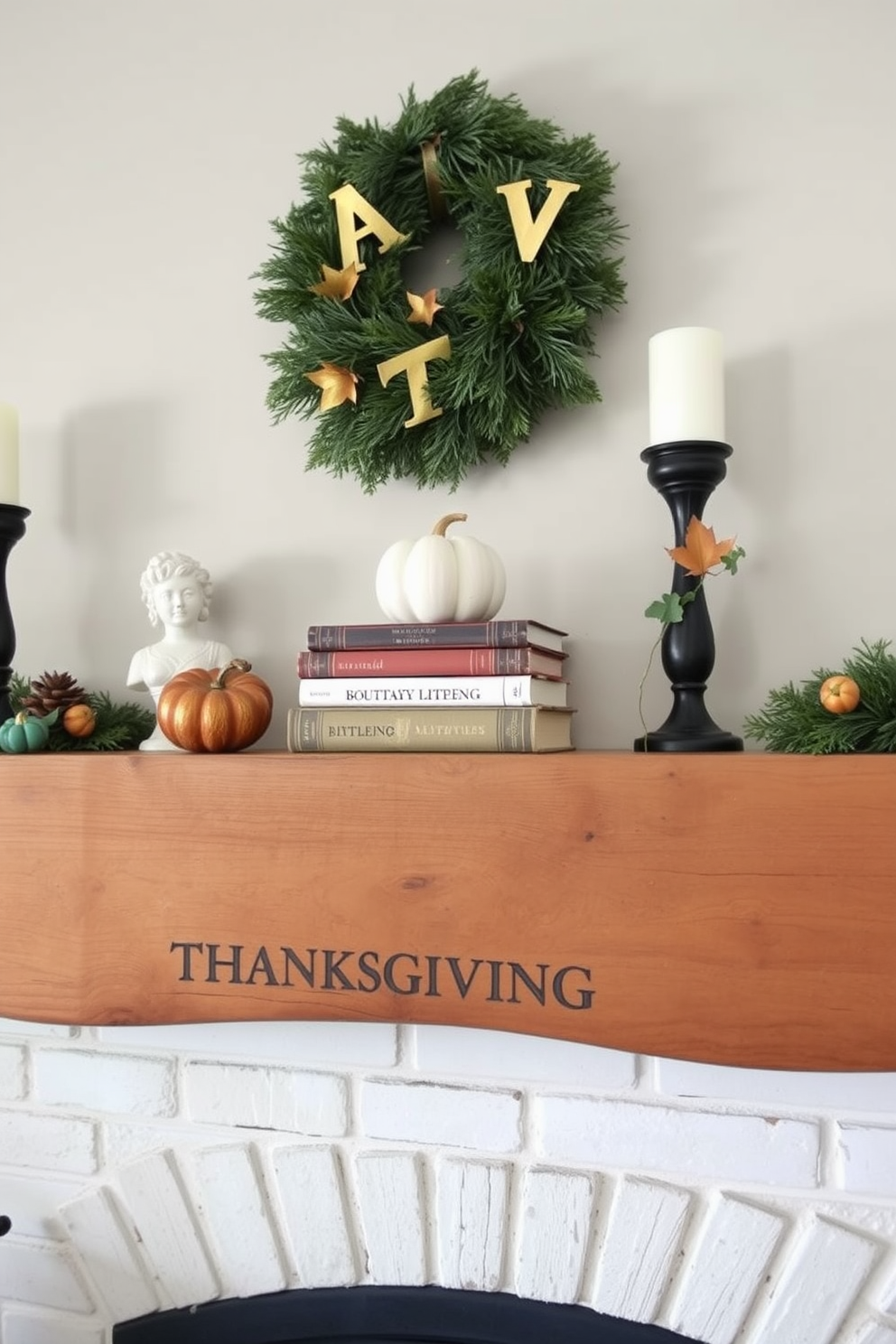 A cozy fireplace adorned for Thanksgiving features a rustic wooden mantel. On the mantel, vintage books are artfully stacked, creating a charming focal point.