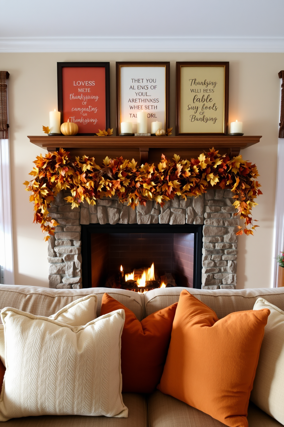 A cozy Thanksgiving living room featuring a beautifully decorated fireplace adorned with autumn leaves and pumpkins. Above the mantel, framed prints with inspirational Thanksgiving quotes add warmth and charm to the space. The fireplace is surrounded by a rustic wooden mantel, with flickering candles and a garland of seasonal foliage draped elegantly. Plush throw pillows in warm hues are scattered on the sofa, inviting family and friends to gather and celebrate.