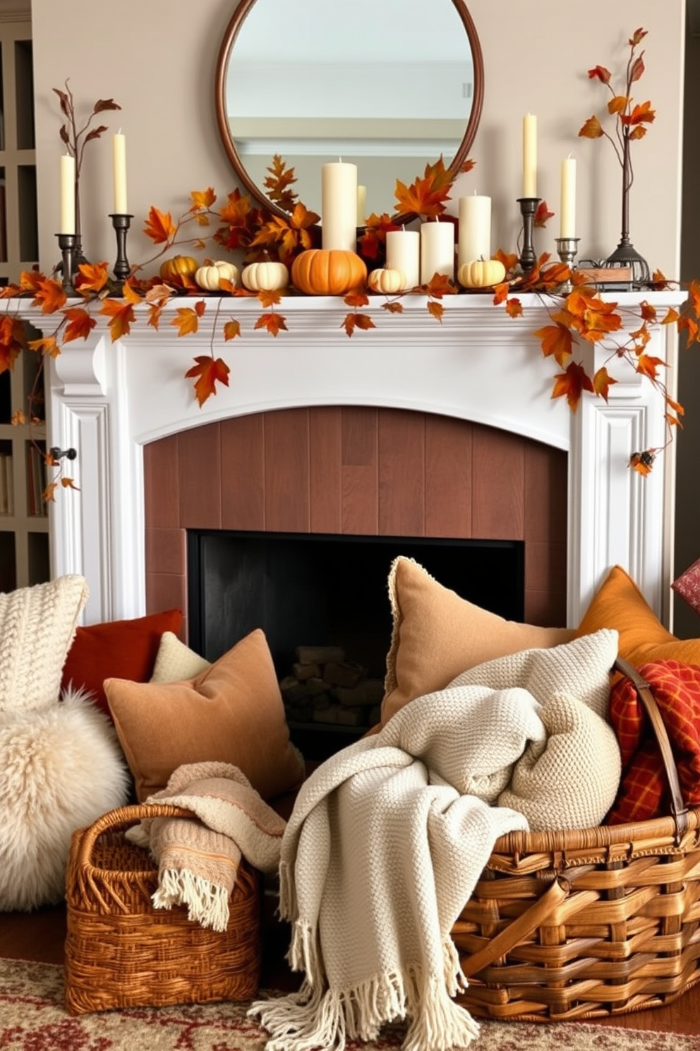 A cozy Thanksgiving setting featuring a beautifully decorated fireplace. The mantel is adorned with a mix of autumn leaves, small pumpkins, and candles of varying heights for a warm glow. The fireplace itself is surrounded by a collection of soft, layered textiles including plush throws and decorative pillows in rich, warm colors. A rustic wooden basket filled with cozy blankets sits nearby, inviting guests to relax and enjoy the festive atmosphere.