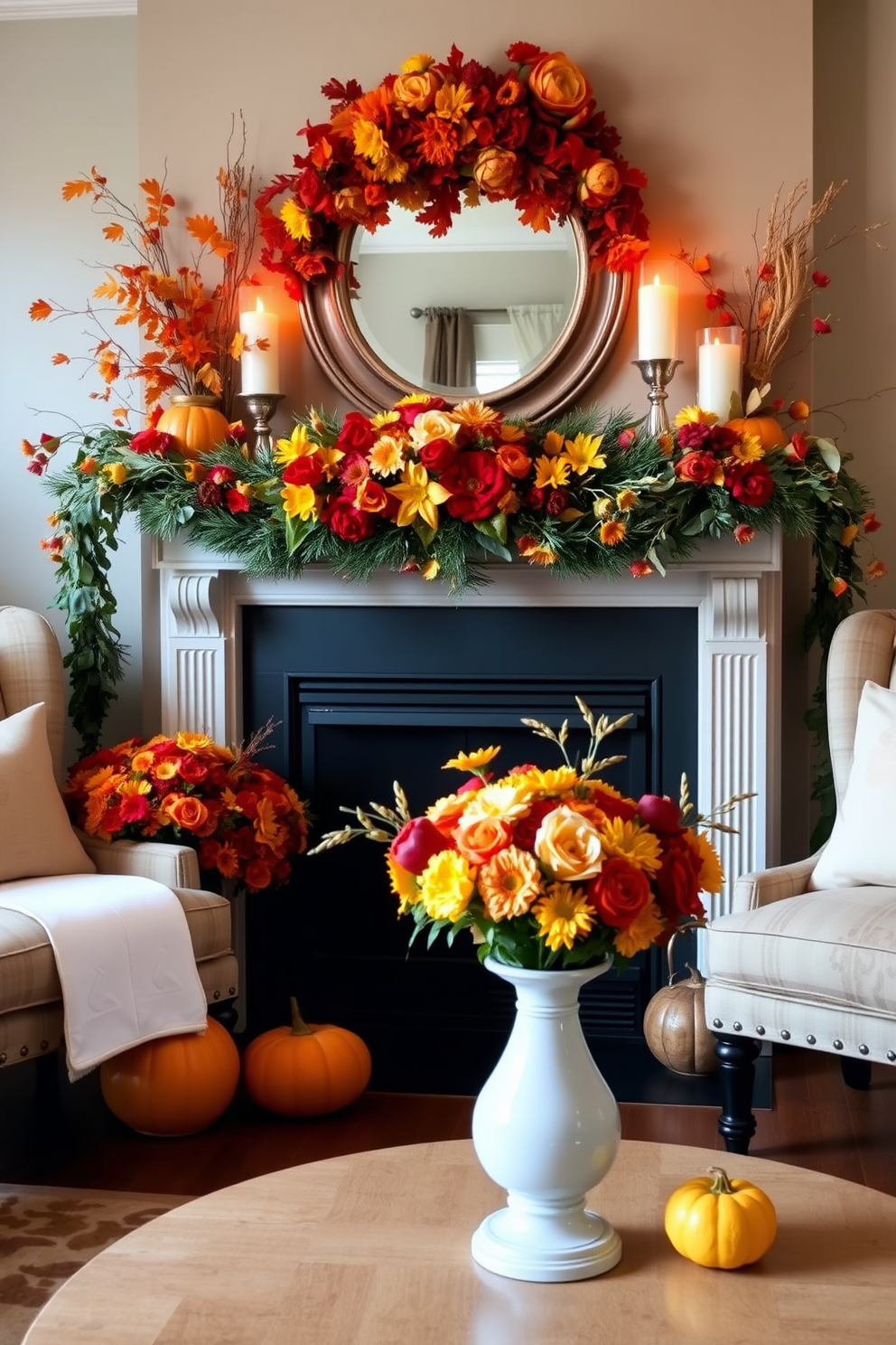 A cozy living room adorned with fresh flowers in autumn hues, featuring a vibrant arrangement of oranges, reds, and yellows. The fireplace is elegantly decorated with seasonal garlands and candles, creating a warm and inviting atmosphere for Thanksgiving gatherings.