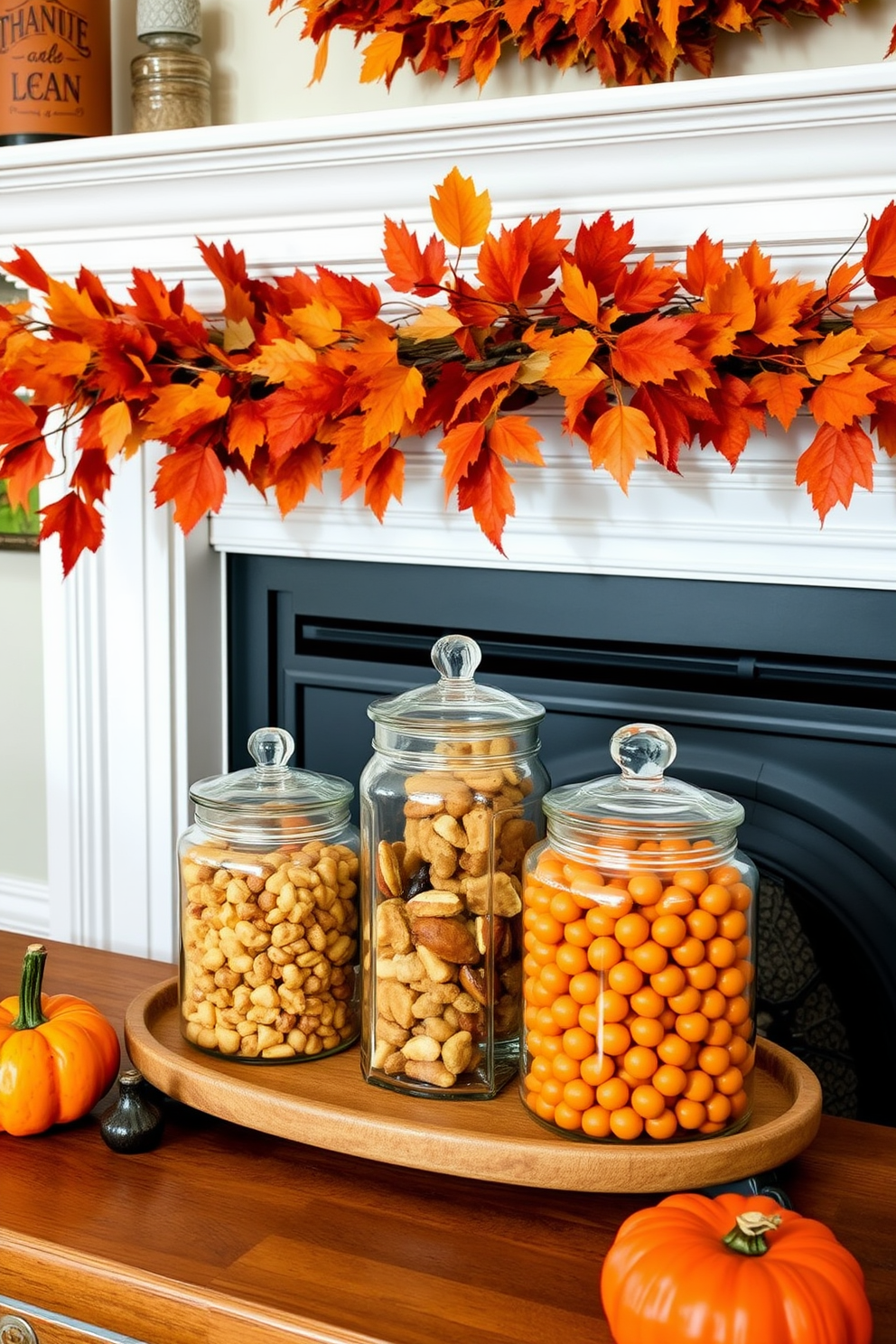 A cozy Thanksgiving setting featuring a fireplace adorned with autumn leaves and warm-toned decorations. On the mantel, glass jars filled with seasonal treats such as spiced nuts and pumpkin candies create a festive atmosphere.