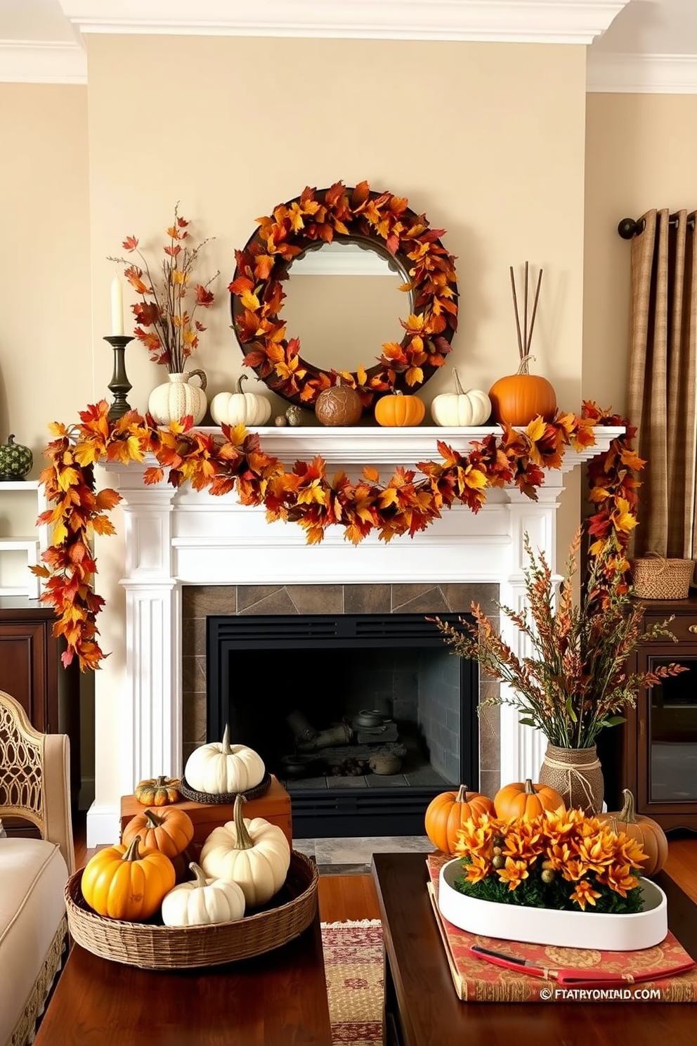 A cozy living room setting adorned with colorful gourds and squash accents for Thanksgiving. The fireplace is elegantly decorated with a garland of autumn leaves, with various sizes of gourds and squash artfully arranged on the mantel.