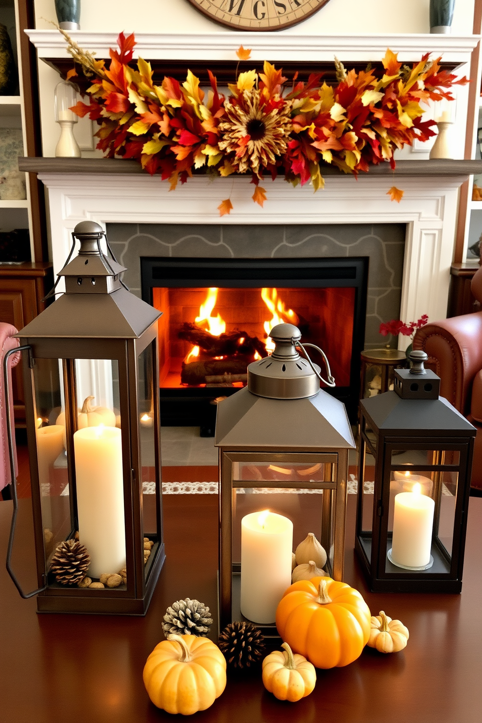 A cozy living room setting adorned with decorative lanterns featuring flickering candles inside. The fireplace is elegantly decorated with autumn leaves, pinecones, and small pumpkins, creating a warm and inviting atmosphere for Thanksgiving.