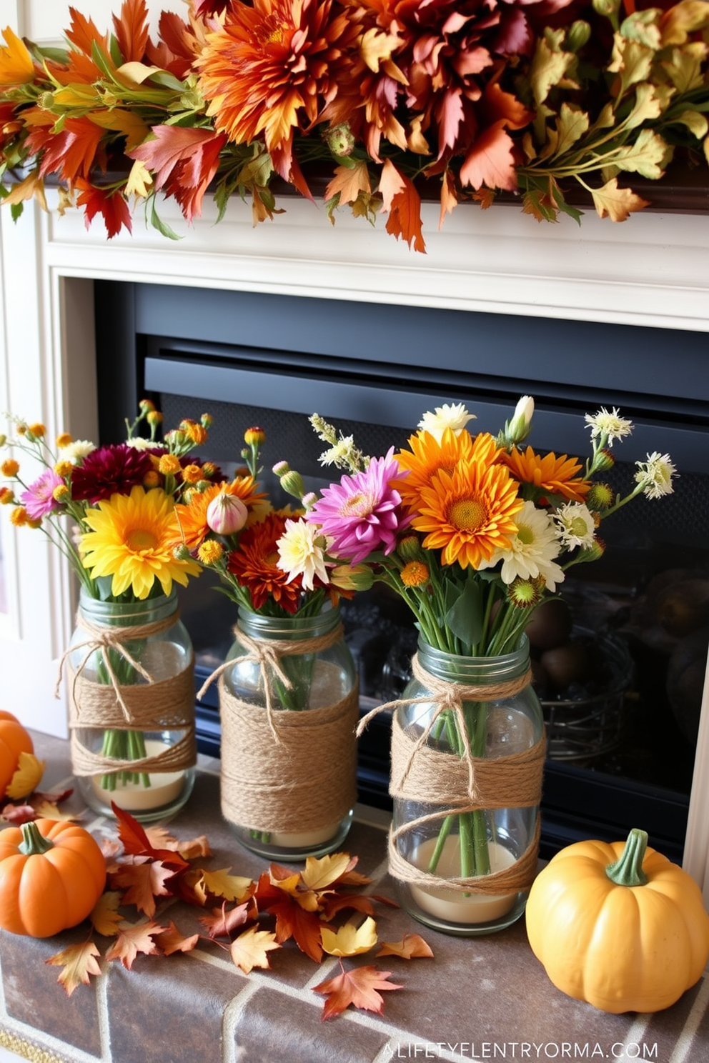 A cozy Thanksgiving fireplace setting adorned with mason jars wrapped in twine, each filled with seasonal flowers. The fireplace is decorated with autumn leaves and small pumpkins, creating a warm and inviting atmosphere.