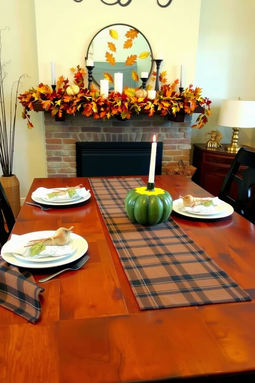 A cozy dining room setting for Thanksgiving. A plaid table runner is elegantly draped over the edges of a rustic wooden table, enhancing the warm atmosphere. The fireplace is adorned with seasonal decorations. Autumn leaves, small pumpkins, and candles create a festive focal point above the mantle.