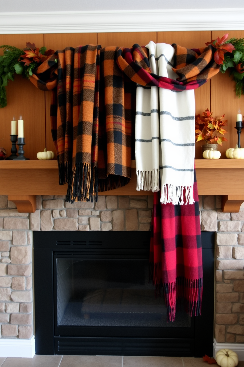 A cozy fireplace adorned with warm plaid throws draped over the mantel creates an inviting atmosphere for Thanksgiving. The rich colors of the throws complement the natural wood of the mantel, while seasonal decorations like small pumpkins and autumn leaves enhance the festive feel.