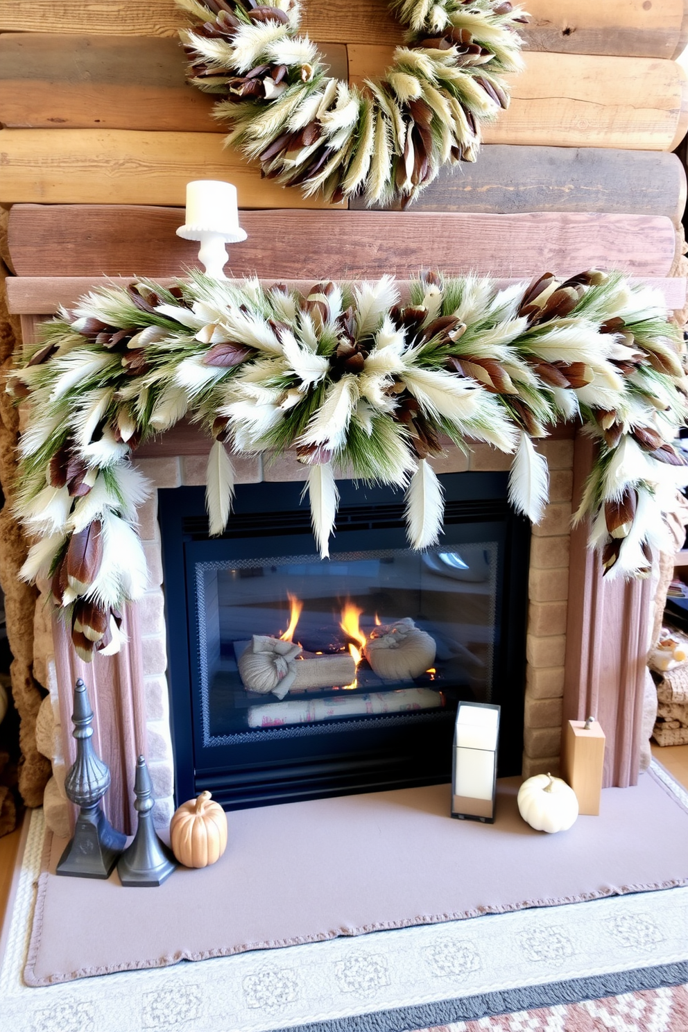 Create a cozy Thanksgiving fireplace setting adorned with feather accents to enhance the rustic charm. The fireplace is surrounded by natural wood elements, with a warm color palette of browns and creams, and soft feather decorations draped elegantly along the mantel.