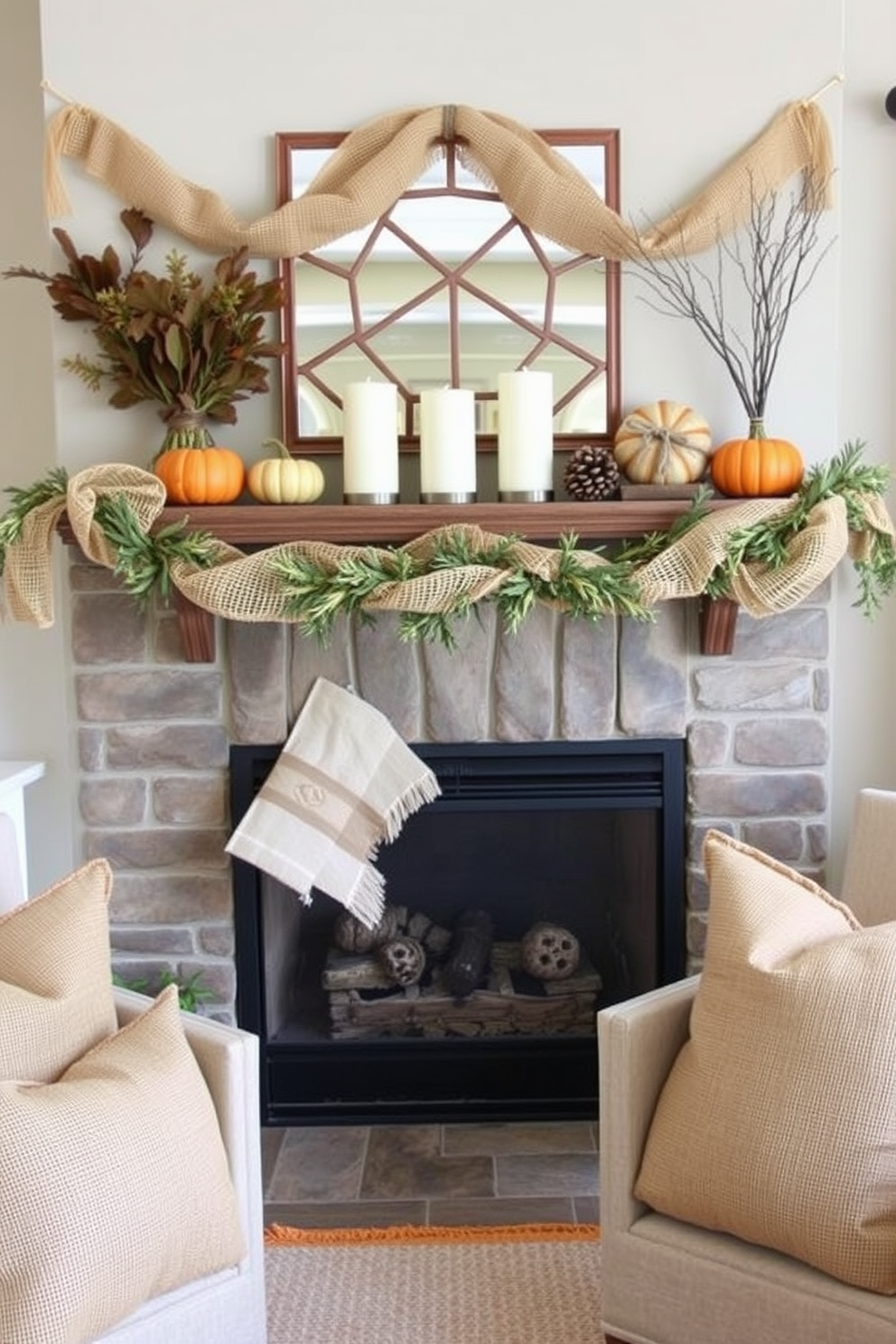 A cozy living room adorned with burlap accents creates a warm and inviting atmosphere for Thanksgiving. The fireplace is decorated with burlap garlands and rustic pumpkins, enhancing the natural feel of the space. On the mantel, burlap-wrapped candles and a collection of pinecones add texture and charm. Flanking the fireplace, woven burlap cushions on the seating provide comfort and a touch of seasonal elegance.