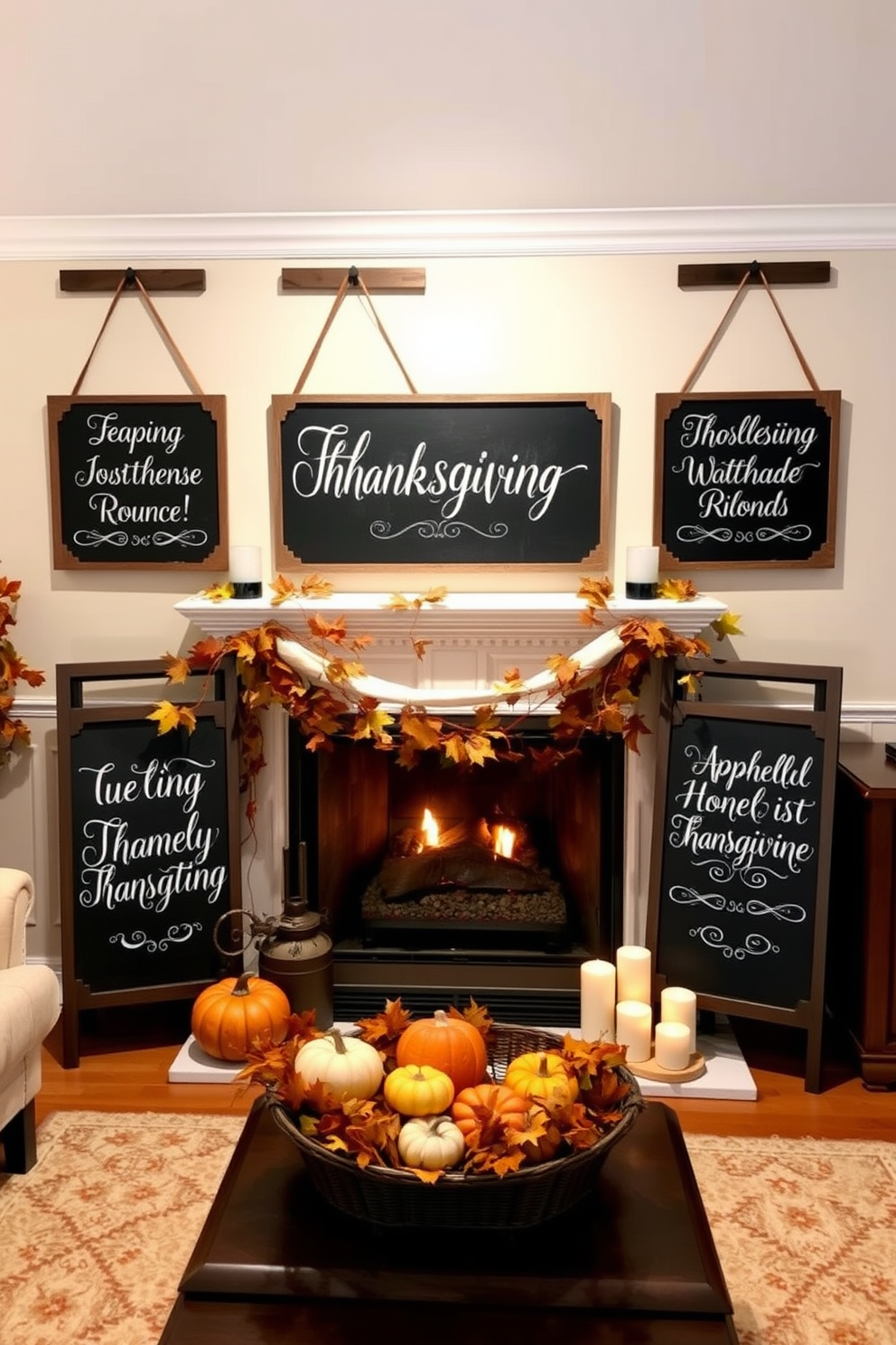 Chalkboard signs adorned with festive messages in elegant script are hung around a cozy living room. The fireplace is beautifully decorated with autumn leaves, small pumpkins, and warm candlelight to create a welcoming atmosphere for Thanksgiving.