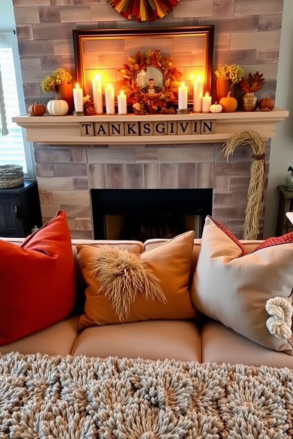 A cozy living room setting featuring a fireplace adorned with autumn-themed decorations. The wooden blocks spelling out Thanksgiving are placed prominently on the mantel, surrounded by candles and small pumpkins. The warm glow of the fire creates a welcoming atmosphere, while plush throw pillows in earthy tones are scattered across a comfortable sofa. A richly textured area rug anchors the space, adding warmth and inviting guests to gather around.