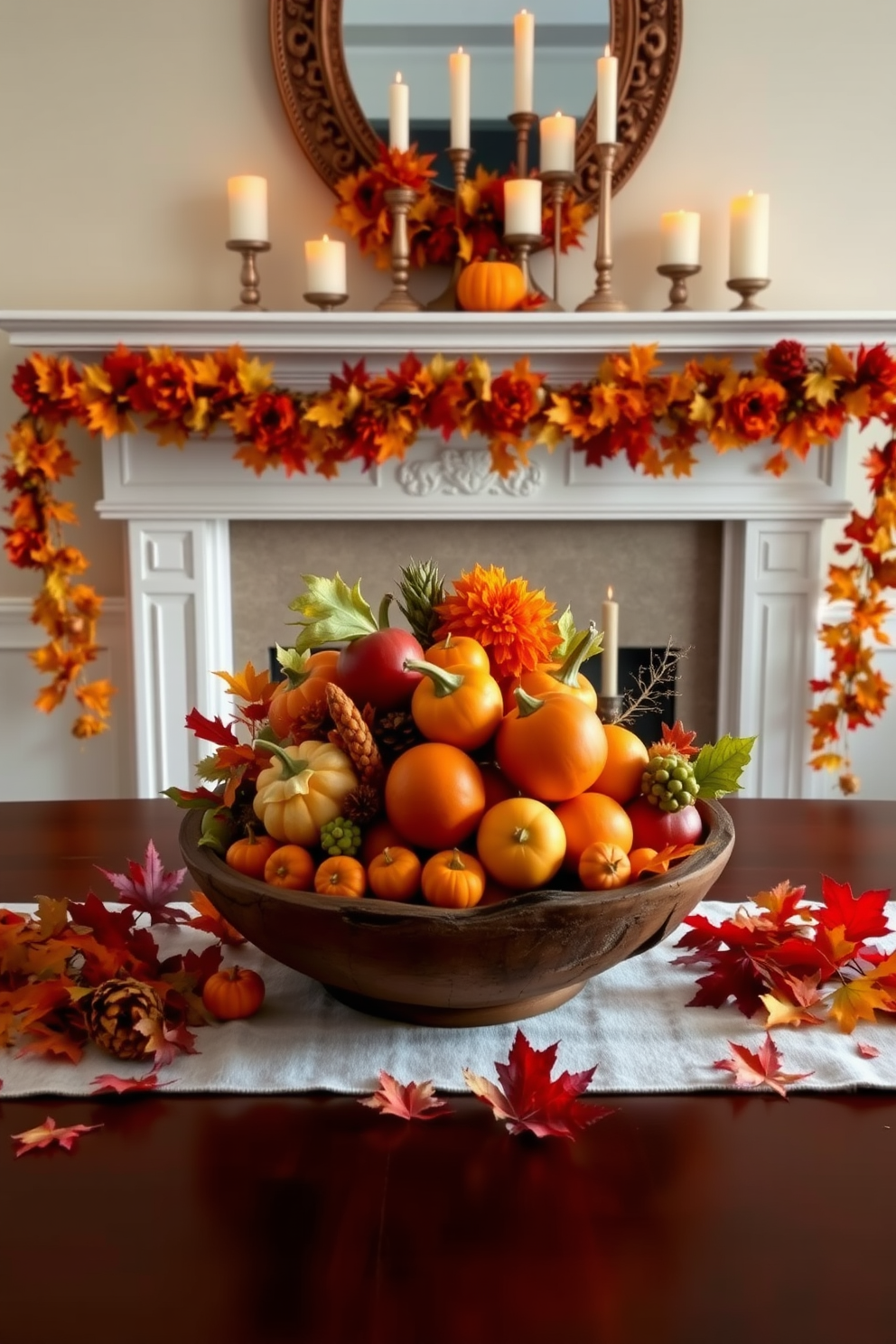 A beautiful display of seasonal fruit arranged in a rustic wooden bowl sits at the center of a dining table. Surrounding the bowl are rich autumn colors, with oranges, reds, and yellows creating a warm and inviting atmosphere. The fireplace is elegantly decorated with garlands of autumn leaves and small pumpkins. Above the mantel, candles of varying heights add a soft glow, enhancing the cozy feel of the space.