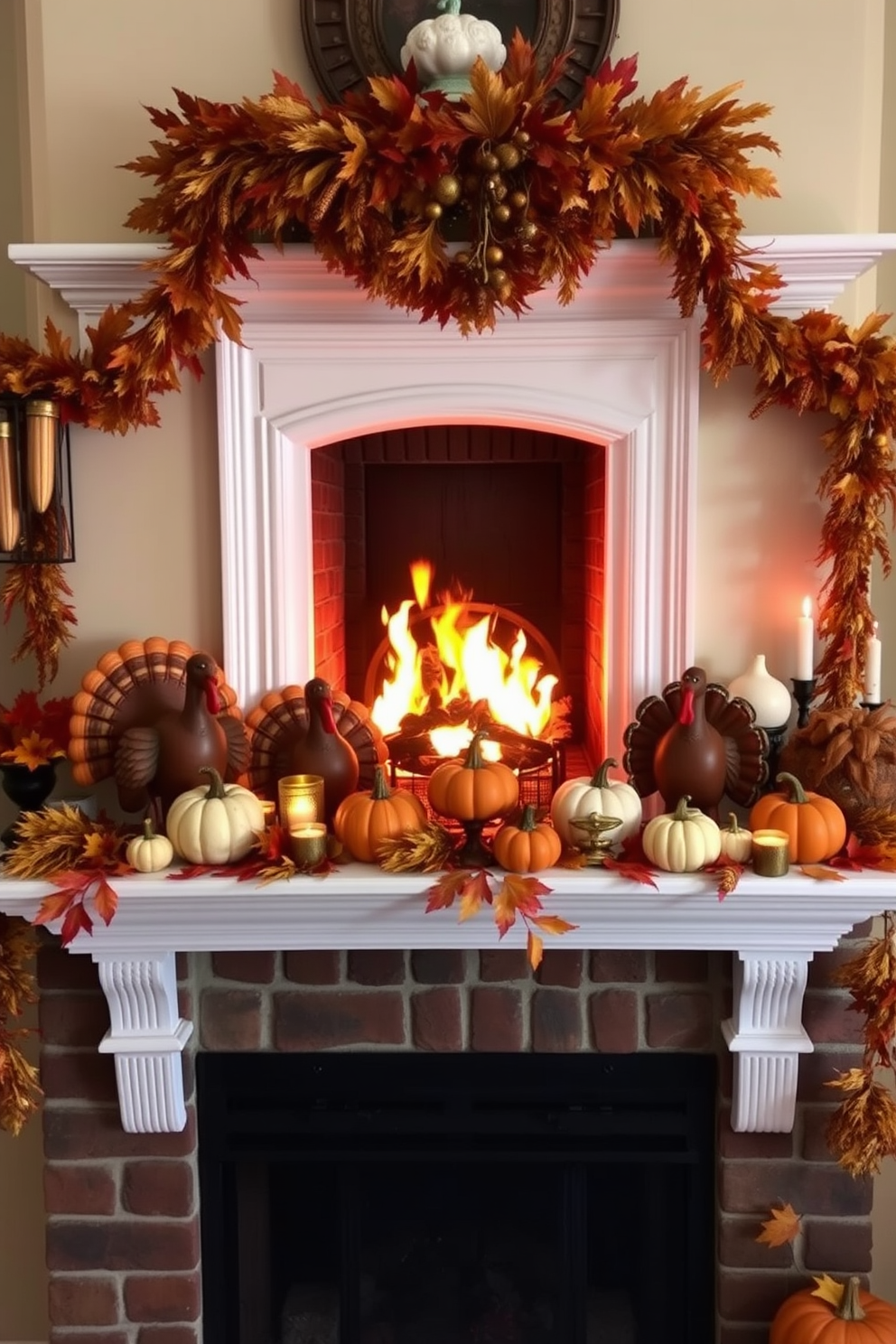 Create a cozy Thanksgiving-themed living room setting. There are various figurines of turkeys and pumpkins placed on the mantelpiece, surrounded by autumn leaves and candles. The fireplace is elegantly decorated with garlands of dried corn and colorful fall foliage. A warm, inviting glow emanates from the flames, enhancing the festive atmosphere.