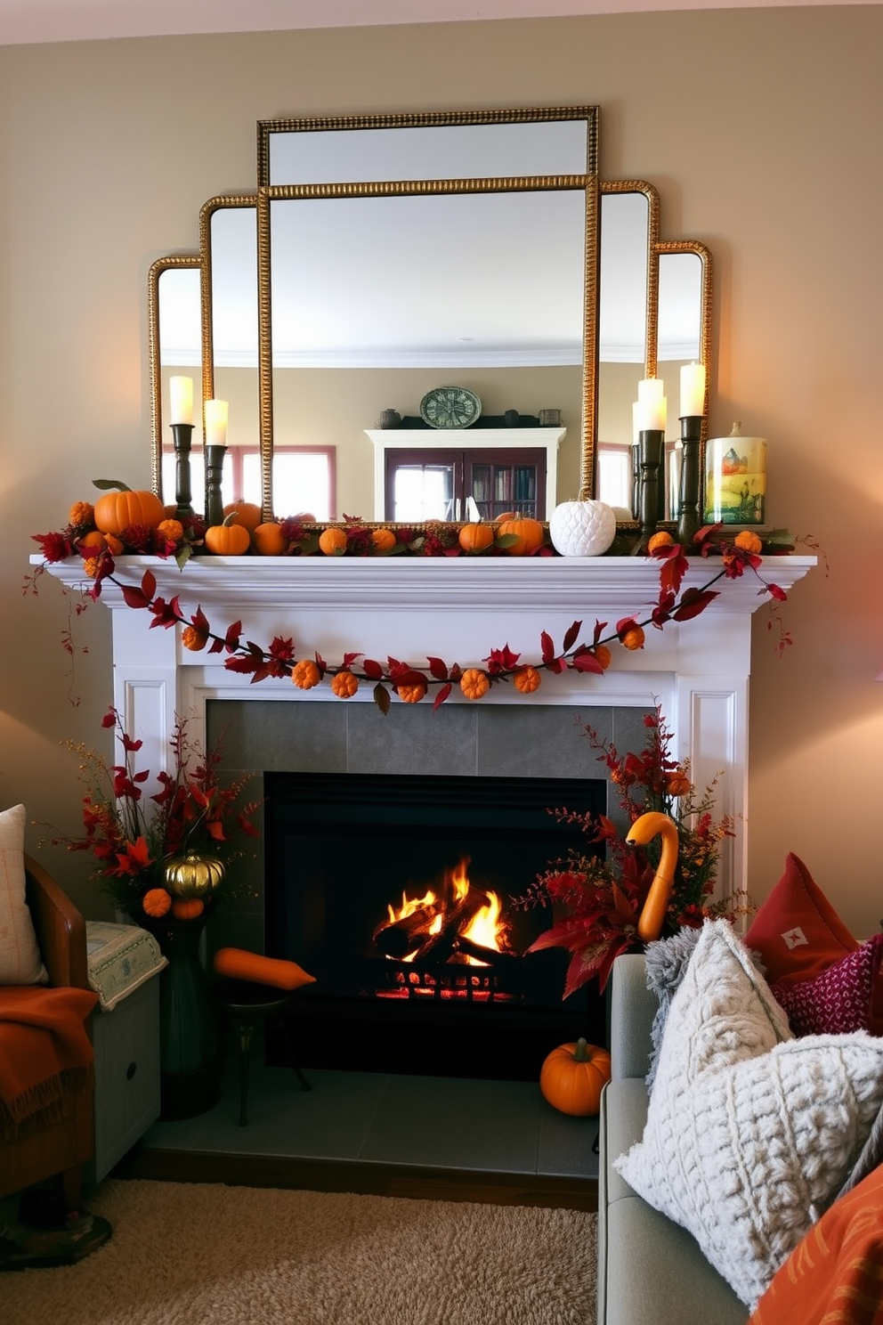 A warm and inviting living room setting features a stunning fireplace adorned with autumn-themed decorations. Layered mirrors are strategically placed above the mantel to create a sense of depth and reflect the cozy glow of the fire. The fireplace is surrounded by an arrangement of pumpkins, gourds, and seasonal foliage in rich oranges and deep reds. Plush throws and decorative pillows in warm hues are scattered across a comfortable seating area, enhancing the festive atmosphere.