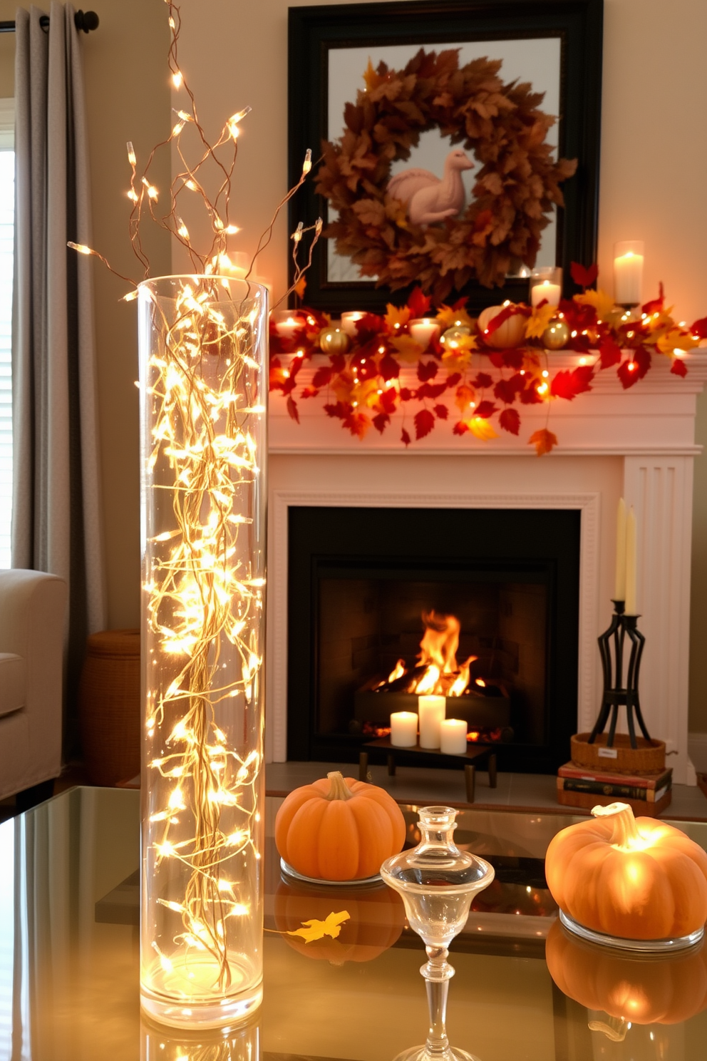 A cozy living room setting adorned with twinkling fairy lights placed inside elegant glass vases. The warm glow of the lights creates a magical ambiance, enhancing the festive atmosphere of Thanksgiving. A beautifully decorated fireplace serves as the focal point of the room. It is adorned with autumn leaves, small pumpkins, and candles, creating a welcoming and festive environment.