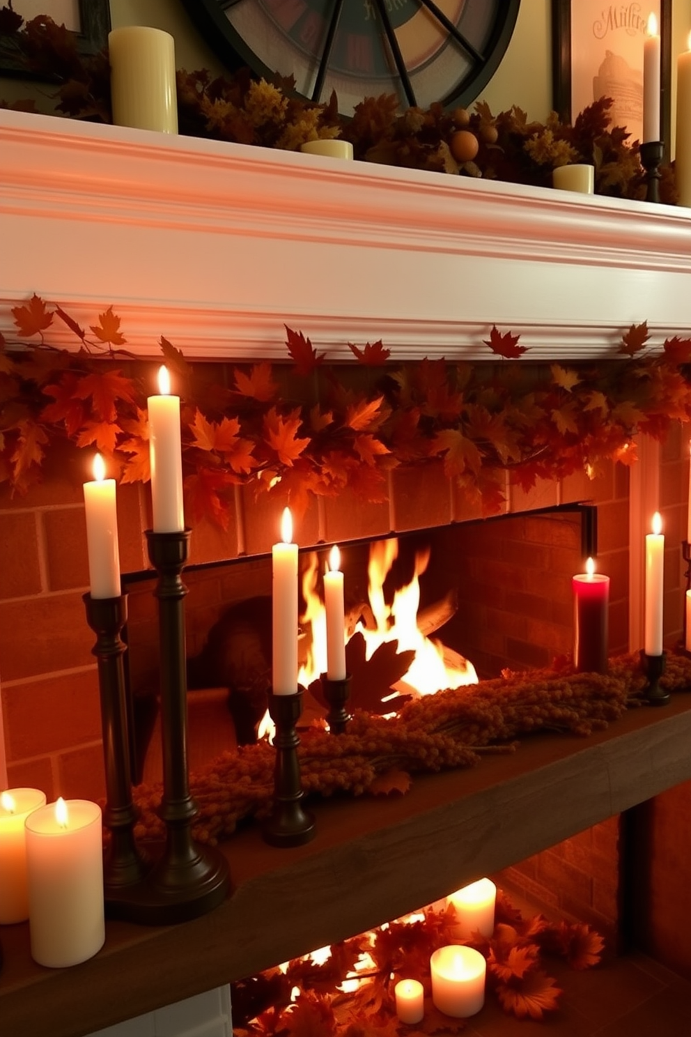 A warm and inviting fireplace adorned with candles of varying heights and colors creates a cozy Thanksgiving atmosphere. The flickering candlelight dances against the backdrop of a beautifully decorated mantel featuring autumn leaves and seasonal decor.