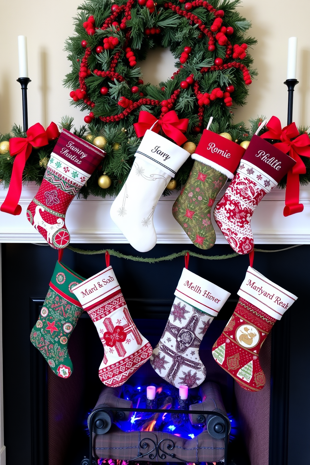 Personalized stockings hang from a beautifully decorated fireplace mantel. Each stocking is uniquely designed for family members, featuring festive colors and intricate patterns that reflect their personalities.