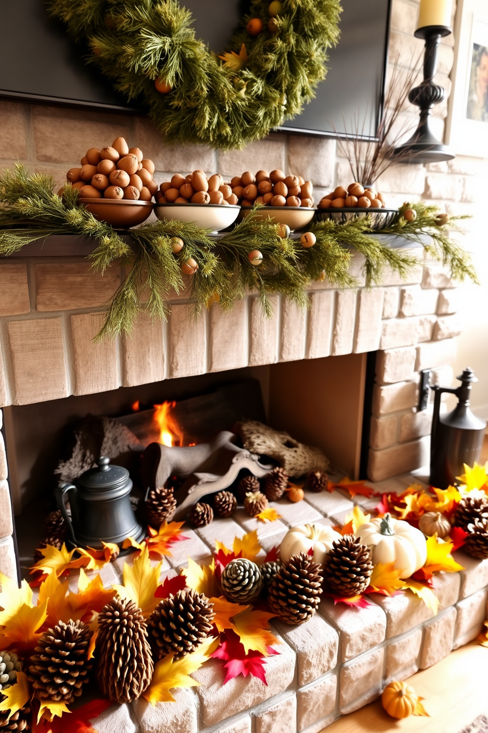 A cozy living room adorned with natural elements for Thanksgiving. The fireplace is decorated with pinecones and acorns, creating a warm and inviting atmosphere. On the mantel, there are clusters of acorns arranged in decorative bowls. Surrounding the fireplace, pinecones are scattered among autumn leaves, enhancing the seasonal charm.