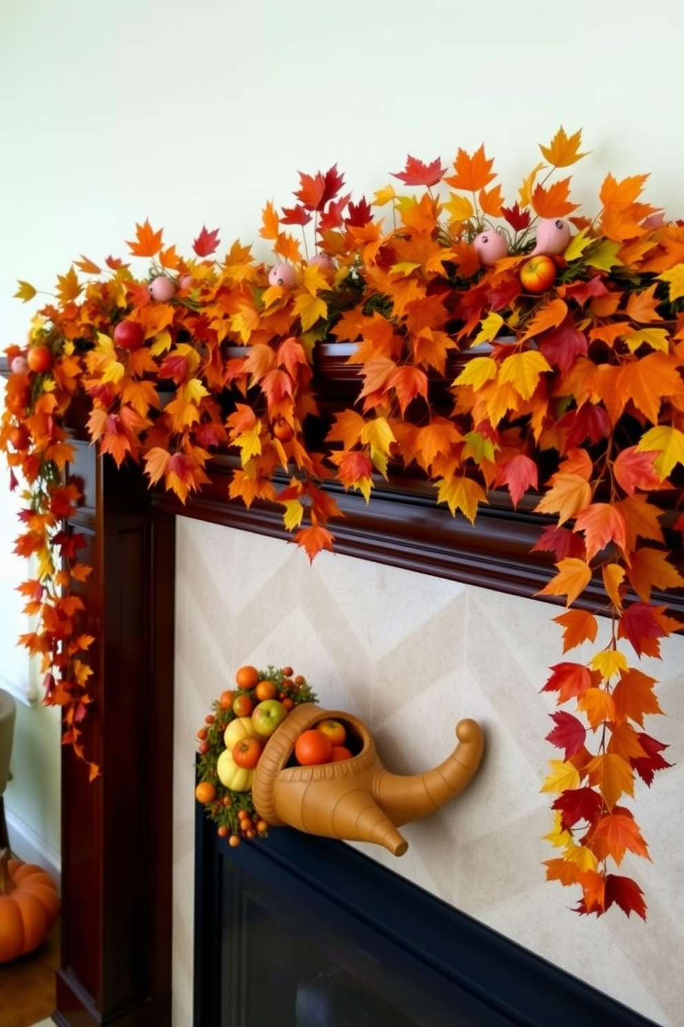 Thanksgiving-themed garland featuring vibrant autumn leaves and miniature pumpkins draped elegantly across the mantel. A beautifully arranged cornucopia filled with fresh fruits and seasonal vegetables sits prominently on the fireplace, enhancing the festive atmosphere.