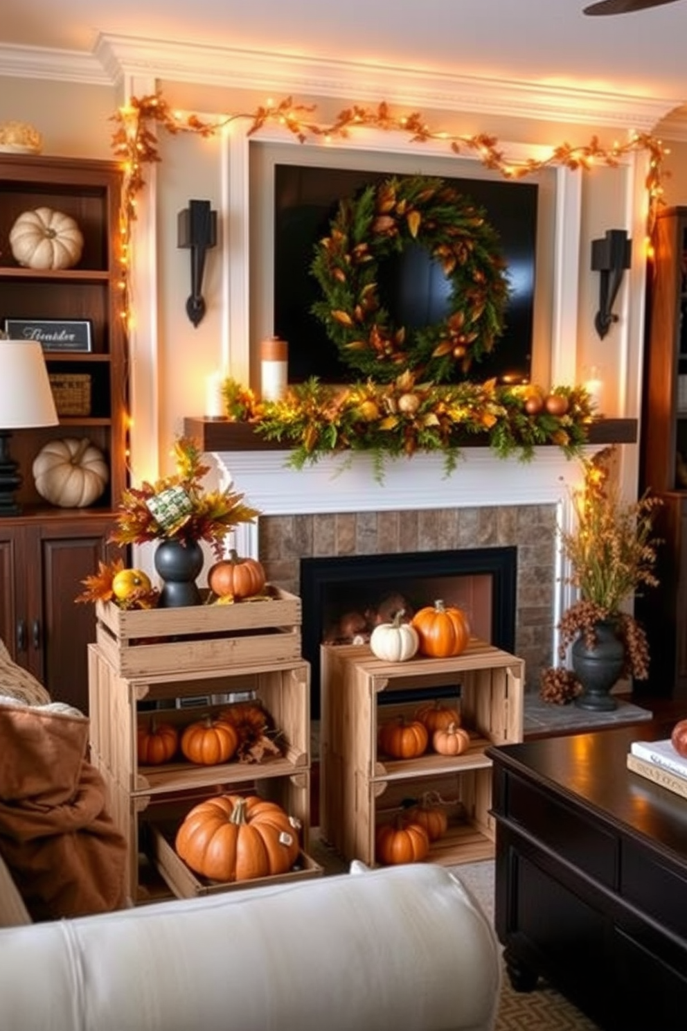 A cozy living room setting adorned with rustic wooden crates used as display stands for Thanksgiving decorations. The fireplace is beautifully decorated with autumn leaves, pumpkins, and warm string lights, creating an inviting atmosphere.