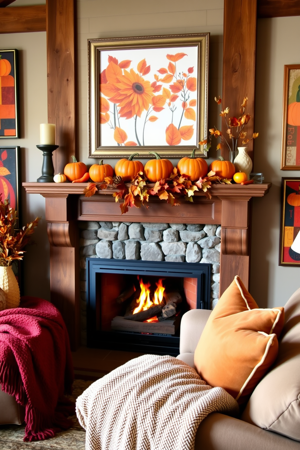 A cozy living room adorned with seasonal artwork featuring rich fall colors such as deep oranges, reds, and yellows. Above the fireplace, a beautifully arranged mantel displays pumpkins, gourds, and a garland of autumn leaves, creating a warm and inviting atmosphere for Thanksgiving. The fireplace itself is framed by rustic wooden beams, and a crackling fire adds to the ambiance. Plush throw blankets and decorative pillows in warm tones are scattered across the seating area, inviting guests to gather and celebrate the season.