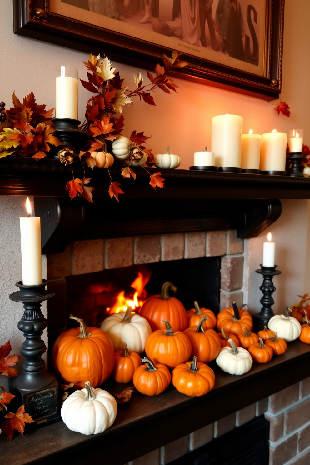 A cozy fireplace adorned with an array of miniature pumpkins in various sizes. The pumpkins are artfully arranged on the mantel, complemented by autumn leaves and flickering candles for a warm Thanksgiving ambiance.