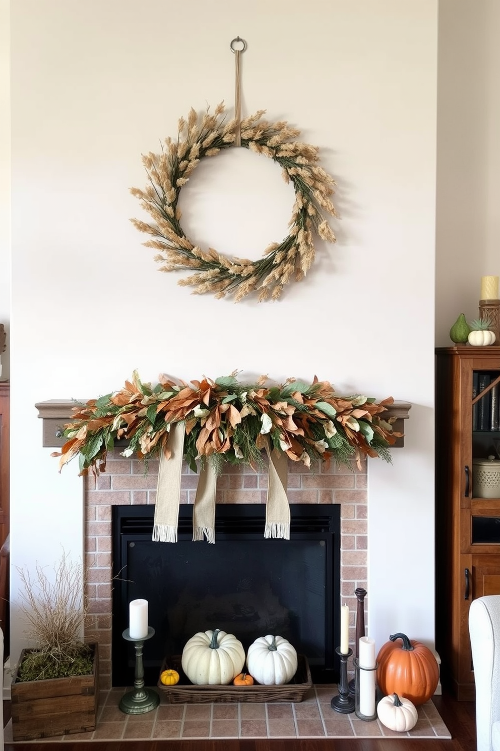 A beautiful wreath made of dried foliage hangs above the fireplace, adding a rustic charm to the Thanksgiving decor. The fireplace is adorned with pumpkins and candles, creating a warm and inviting atmosphere for family gatherings.