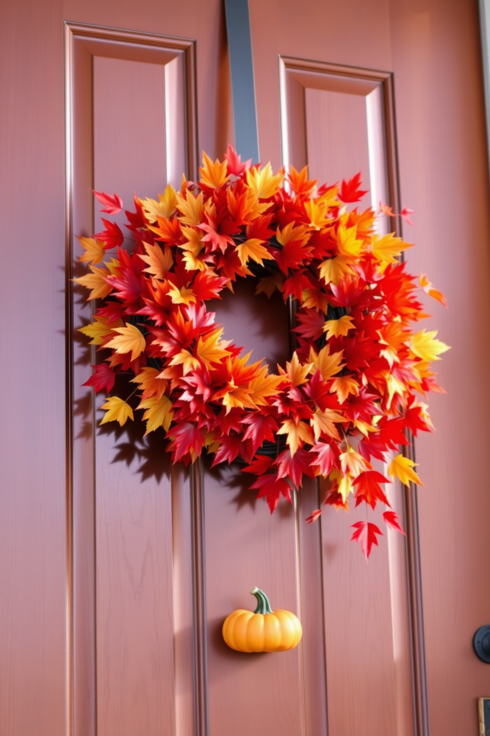 A stunning autumn wreath adorned with vibrant red, orange, and yellow leaves hangs gracefully on a classic wooden front door. The wreath is complemented by small pumpkins and acorns, creating a warm and inviting atmosphere for Thanksgiving.