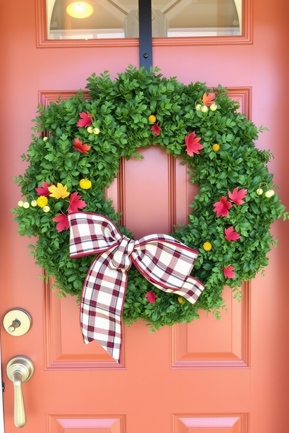 A charming front door adorned with a lush wreath featuring a plaid fabric bow that adds a festive touch. The door is painted a warm autumn hue, complemented by seasonal decorations like small pumpkins and vibrant fall leaves.