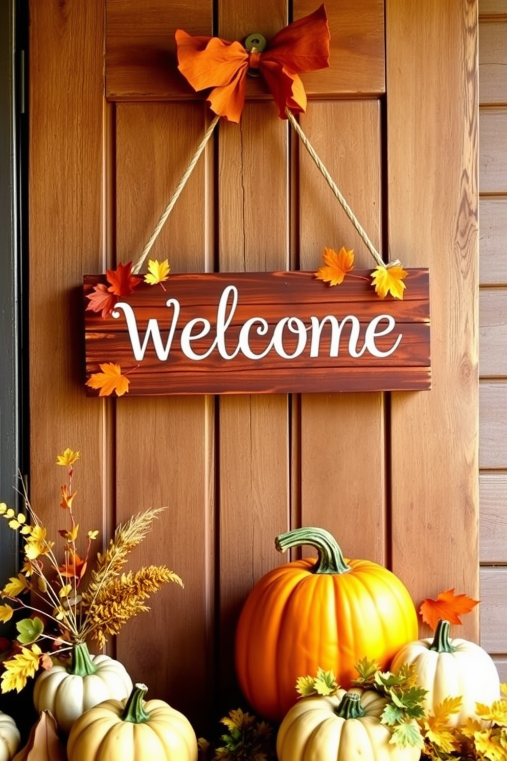 A warm welcome sign adorned with vibrant autumn colors hangs on a rustic wooden door. Surrounding the sign, seasonal decorations like pumpkins and fall leaves create an inviting atmosphere for Thanksgiving.