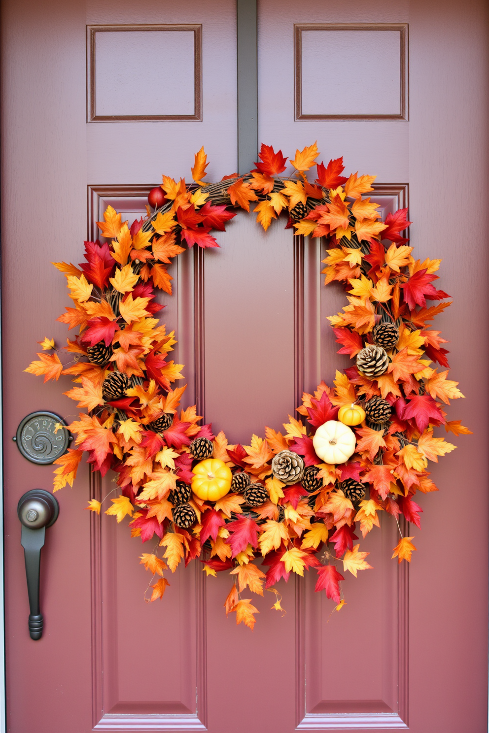 A charming front door adorned with a seasonal garland featuring rich autumn leaves, pinecones, and small pumpkins. The warm hues of orange, yellow, and deep red create a welcoming atmosphere, inviting guests to celebrate the Thanksgiving season.