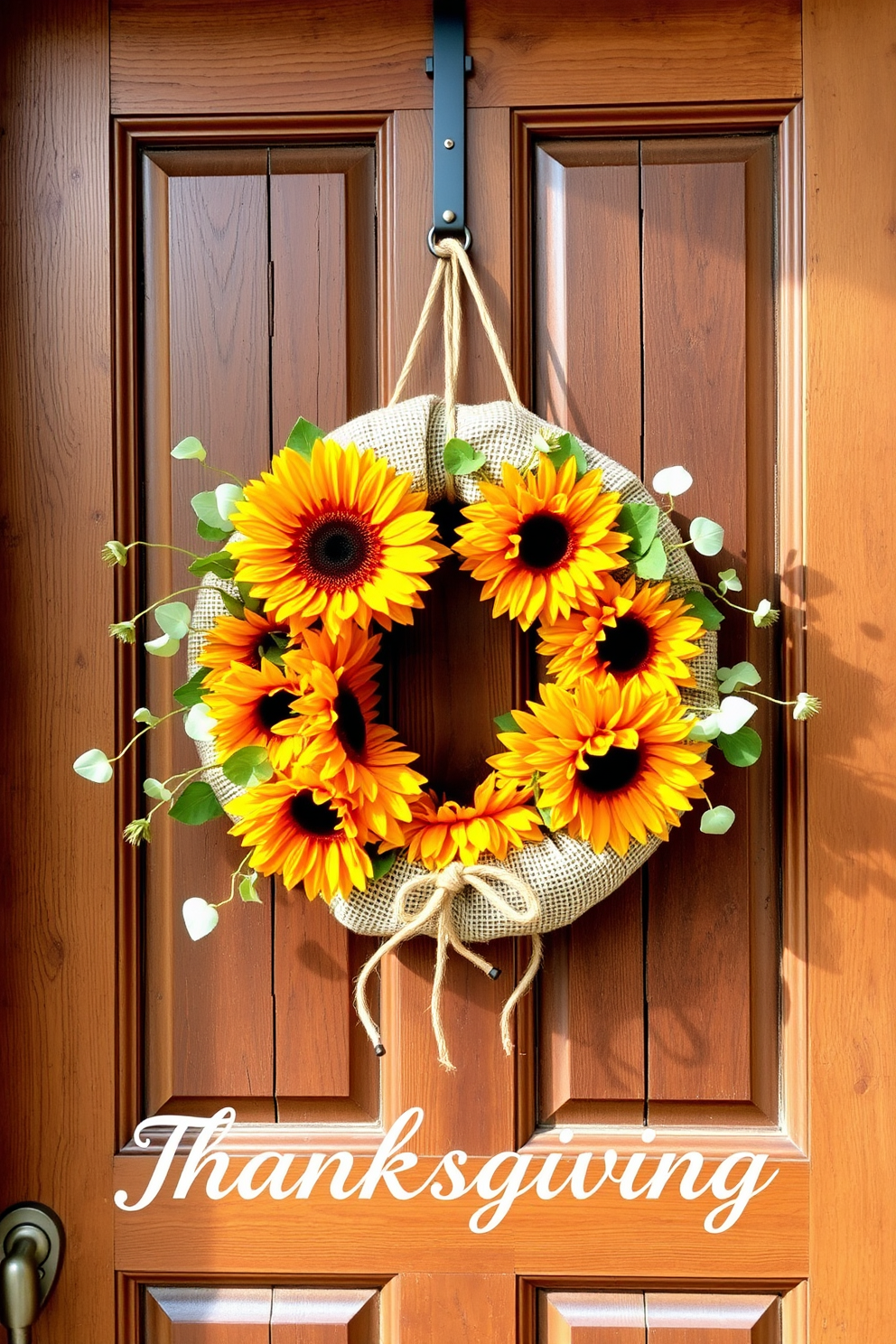 A burlap wreath adorned with vibrant sunflowers is hung on a rustic wooden front door. The wreath is complemented by delicate green leaves and twine accents, creating a warm and inviting atmosphere for Thanksgiving.