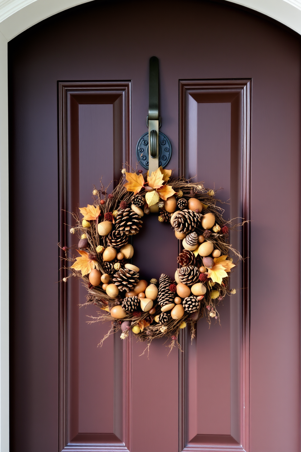 A charming front door decorated for Thanksgiving features a rustic arrangement of pinecones and acorns. The natural elements are artfully combined with a warm autumnal wreath, creating a welcoming atmosphere for guests.