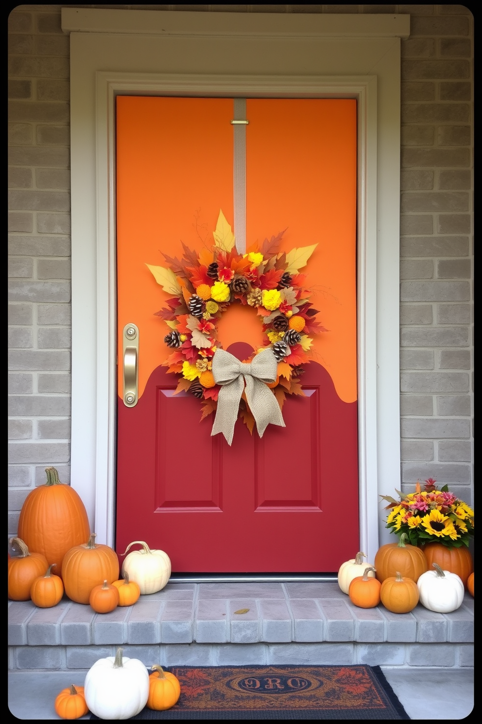 A festive Thanksgiving door cover features a warm autumn color palette with shades of orange, yellow, and deep red. The design includes a beautiful wreath made of dried leaves, pinecones, and seasonal flowers, creating an inviting entrance for guests. The front door is accented with a charming burlap bow, adding a rustic touch to the overall decor. Surrounding the door, small pumpkins and gourds in various sizes are placed on the steps, enhancing the Thanksgiving spirit.