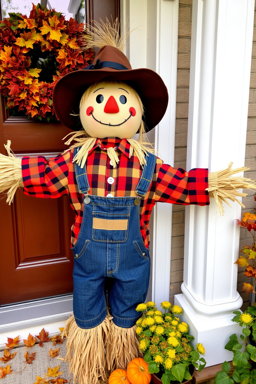 A charming scarecrow stands by the doorstep welcoming guests with a friendly smile. Dressed in a plaid shirt and denim overalls, it is surrounded by colorful autumn leaves and small pumpkins.